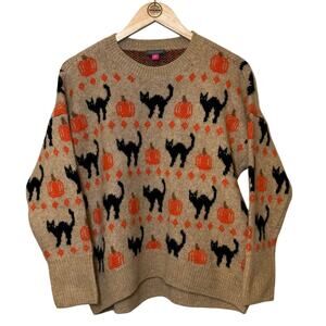 Vince Camuto Halloween Sweater Black Cat Pumpkin Crewneck Tan Women’s Size Small